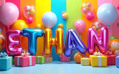 4k, イーサン, カラフルな風船の文字, イーサンの名前, クリエイティブ, イーサンの誕生日, 人気のあるアメリカ人男性の名前, カラフルな背景, イーサン、お誕生日おめでとう, イーサンの名前が入った写真, イーサンお誕生日おめでとう