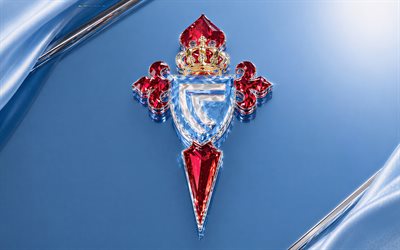 celta vigo kristalllogo, blauer metallhintergrund, celta vigo emblem, celta vigo logo, celta vigo kristallschild, la liga, spanien, fußball, celta vigo, rc celta de vigo logo, rc celta de vigo
