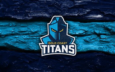 holzlogo der gold coast titans, 4k, blauer holzhintergrund, nrl, rugby, logo der gold coast titans, emblem der gold coast titans, australisches rugby team, gold coast titans
