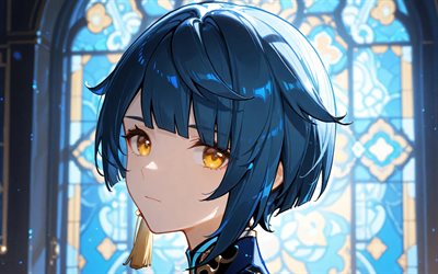 4k, xingqiu, fechar se, vitrais, impacto genshin, fundo abstrato azul, personagens de anime, personagens do impacto genshin, impacto xingqiu genshin