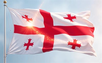 4k, ध्वजस्तंभ पर जॉर्जिया का झंडा, नीला आकाश, लाल पृष्ठभूमि, जॉर्जिया का झंडा, सुनहरी चमक, जॉर्जियाई झंडा, जॉर्जिया, यूरोप, जॉर्जिया 3डी झंडा, जॉर्जिया झंडा