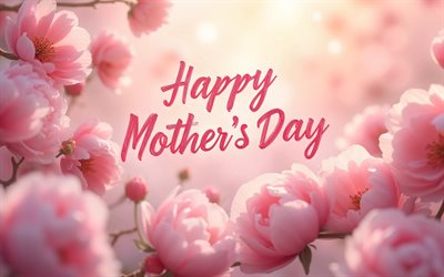 hyvää äitienpäivää, 4k, vaaleanpunaiset ruusut, onnittelukortti, vaaleanpunainen tausta, hyvää äitienpäivää käsitteet, kalligrafiset kirjaimet, hyvää äitienpäivää kirjoitus