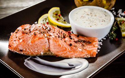 salmón frito, platos de pescado, salmón, trozo de salmón frito con limón, platos de salmón, salmón al horno