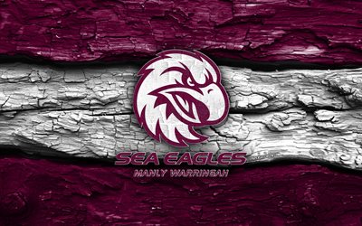 manly warringah sea eagles holzlogo, 4k, lila weißer holzhintergrund, nrl, rugby, männliches warringah sea eagles logo, männliches warringah sea eagles emblem, australisches rugby team, männliche warringah seeadler