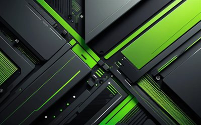 4k, 緑黒の背景, マテリアルデザイン, 緑の線, 3d テクスチャ, アートワーク, メタルアート, 幾何学, 抽象的な背景, 幾何学的な背景, 抽象化, 黒の抽象的な背景