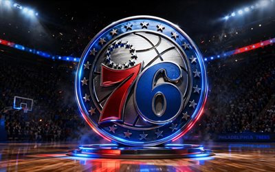 4k, philadelphia 76ers metal logosu, sahne ışıkları, basketbol stadyumu arka planı, nba, yaratıcı, basketbol, philadelphia 76ers logosu, philadelphia 76ers 3d logosu, amerikan basketbol takımı, philadelphia 76ers