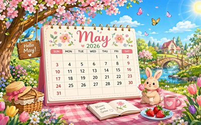 4k, 2026 maj kalender, tecknade landskap, hej maj, picknick i naturen, kanin, maj 2026, vårens kalendrar, corgi, maj 2026 kalender, fjädra, maj kalendrar, 2026 kalendrar, maj