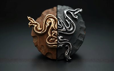 شعار ريزر المعدني الخشبي, 4k, تقليلية, خلفية داكنة, مبدع, شعار razer ثنائي المادة, شعار ريزر ثلاثي الأبعاد, العلامات التجارية للإلكترونيات, شعار ريزر, الماسح