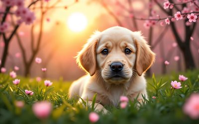 4k, golden retriever welpe, sonnenuntergang, frühling, kirschblüte, hunde, süße tiere, welpen, haustiere, golden retriever, bokeh, frühlingsblumen, golden retriever hund