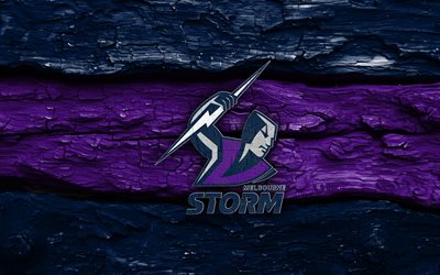 melbourne storm logo aus holz, 4k, blau violetter holzhintergrund, nrl, rugby, melbourne storm logo, melbourne storm emblem, australisches rugby team, melbourne storm