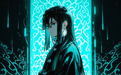 muichiro tokito, 4k, turkuaz neon süsler, karanlık, kimetsu no yaiba, manga, turkuaz arka plan, kahraman, iblis avcısı birliği, tokito muichiro, iblis avcısı, muichiro tokito kimetsu no yaiba