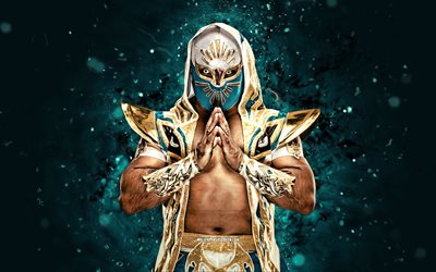 Mistico, 4k, turquoise neon lights, AEW, creative, Mexican wrestler, WWE, Luis Ignacio Urive Alvirde, turquoise abstract background, World Wrestling Entertainment, wrestlers, Mistico 4K