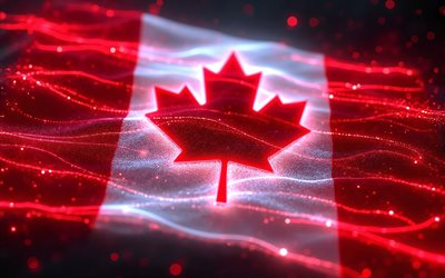 kanada parlayan bayrağı, 4k, karanlık, kanada bayrağı, kanada günü, bokeh, 3 boyutlu sanat, kanada neon bayrağı, neon dalgalar kanada bayrağı, kanada 3d bayrağı, kanada soyut bayrağı, kanada