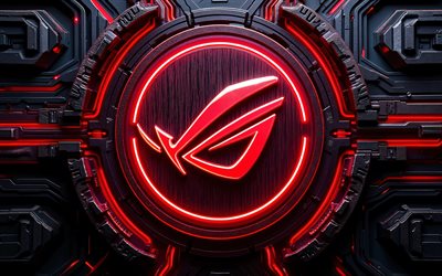 4k, asus rog 3d logosu, yaratıcı, karanlık yüksek teknoloji arka planı, kırmızı neon ışıkları, iletkenler, oyuncular cumhuriyeti, elektronik markalar, asus rog'un parlayan logosu, rog logosu, asus rog logosu, asus rog