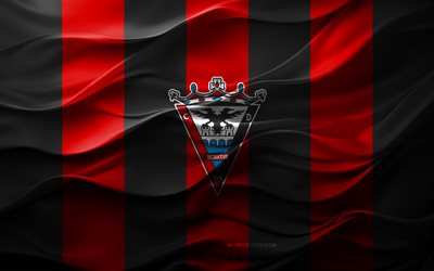 4k, cd mirandes logo, roter schwarzer 3d hintergrund, cd mirandes emblem, segunda division, spanische fußballmannschaft, cd mirandes flagge, 3d textur, cd mirandes, fußball, spanien