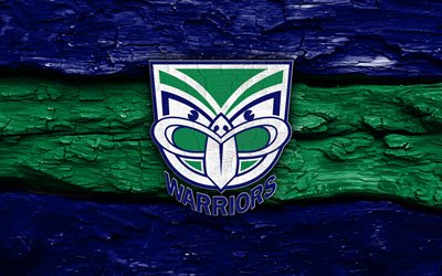 holzlogo der new zealand warriors, 4k, blaugrüner holzhintergrund, nrl, rugby, logo der new zealand warriors, emblem der new zealand warriors, australisches rugby team, neuseeländische krieger