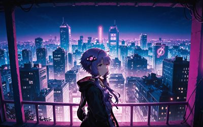 yuzuki yukari, paysage nocturne, paysage urbain, nuit, vocaloïde, fille aux cheveux violets, protagoniste, mangas, personnages vocaloïdes, chanteurs virtuels japonais, yuzuki yukari vocaloïde