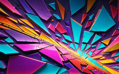 4k, bunte figuren, geometrische formen, bunte 3d fragmente, kreativ, fragmentiertes geometrisches muster, kunstwerk, bunter 3d hintergrund, bunter abstrakter hintergrund, formen, 3d hintergründe