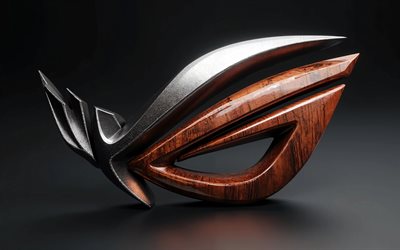 asus rog logga i trä i metall, 4k, minimalism, mörk bakgrund, republic of gamers, kreativ, asus rog logotyp i två material, asus rog 3d logotyp, rog logotyp, rog, elektronikmärken, asus rog logotyp, asus rog