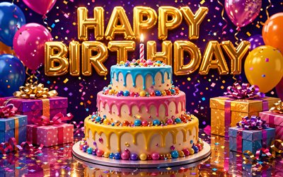 4k, 3段バースデーケーキ, 紫色の装飾, キャンドル1本, 1周年おめでとうございます, お誕生日おめでとう, 色とりどりの誕生日ケーキ, 誕生日ケーキ, お誕生日おめでとうの概念, 1周年, 誕生日ケーキとキャンドル