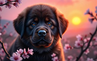 tibetischer mastiff welpe, 4k, nahaufnahme, sonnenuntergang, frühling, kirschblüte, hunde, süße tiere, welpen, haustiere, tibetischer mastiff, bokeh, frühlingsblumen, tibetischer mastiffhund