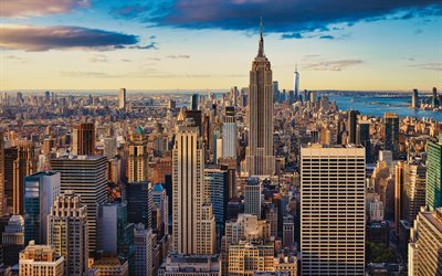 empire state building, new york, abend, ein world trade center, sonnenuntergang, new yorker panorama, wolkenkratzer, new yorker stadtbild, usa
