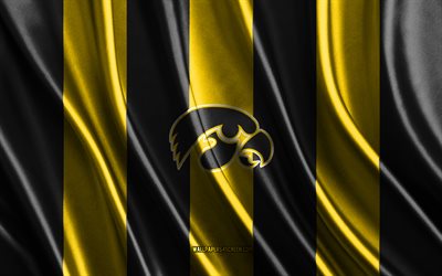 4k, logotipo de los hawkeyes de iowa, ncaa, textura de seda negra amarilla, bandera de los hawkeyes de iowa, club de fútbol americano, bandera de seda, emblema de los hawkeyes de iowa, eeuu, insignia de los hawkeyes de iowa, ojo de halcón de iowa