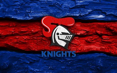 holzlogo der newcastle knights, 4k, blau roter holzhintergrund, nrl, rugby, newcastle knights logo, emblem der newcastle knights, australisches rugby team, newcastle knights