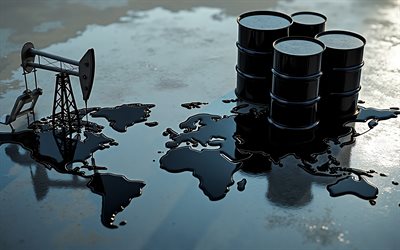 production pétrolière, 4k, carte mondiale du pétrole, marchés pétroliers mondiaux, carte du monde comme une flaque d'huile, concepts de carte du monde, huile, plate forme pétrolière, notions de pétrole, carte du monde