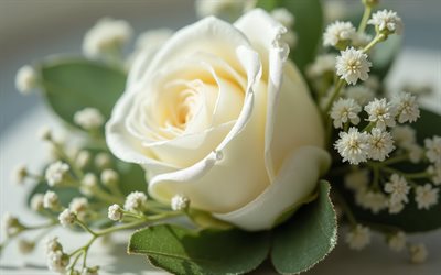 白いバラのつぼみ, 4k, 閉じる, ぼかし, 白いバラ, ブートニエール, バラ, 美しい白い花