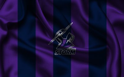 4k, melbourne storm logo, australisches rugby team, nrl, blau lila seidenstoff, nationale rugby liga, melbourne storm emblem, melbourne storm, australien, rugby, melbourne storm schild