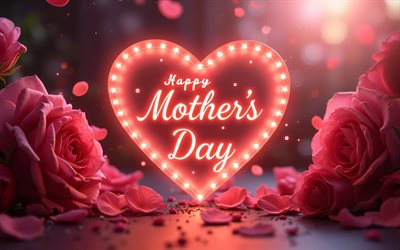 hyvää äitienpäivää, 4k, pimeys, punainen neon sydän, punaisia ​​ruusuja, hyvää äitienpäivää käsitteet, punaiset neonkirjaimet, hyvää äitienpäivää kirjoitus