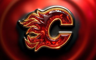 calgary flames 크리스탈 로고, 4k, 빨간 금속 배경, nhl, 캘거리 플레임스 로고, 크리스탈 아트, 캘거리 불꽃 엠블럼, 미국, 캘거리 플레임스, 하키