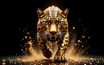 leopardo, 4k, depredador, gatos salvajes, leopardo con joyas, animales salvajes, leopardo en la oscuridad, resplandor dorado, leopardos