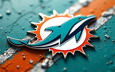 मियामी डॉल्फ़िन धातु लोगो, 4k, फ़िरोज़ा नारंगी पृष्ठभूमि, ग्रंज कला, मियामी डॉल्फ़िन प्रतीक, यूएसए, मियामी डॉल्फ़िन, अमेरिकी फुटबॉल, मियामी डॉल्फ़िन लोगो, एनएफएल