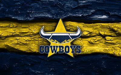 holzlogo der north queensland cowboys, 4k, blau gelber holzhintergrund, nrl, rugby, logo der north queensland cowboys, emblem der north queensland cowboys, australisches rugby team, north queensland cowboys