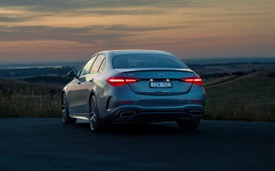 4k, mercedes benz c 300 amg line, rückansicht, 2026 autos, sonnenuntergang, w206, limousinen, 2026 mercedes benz c klasse, deutsche autos, mercedes