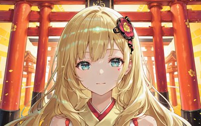 4k, मायु, तोरी द्वार, पीली चमक, वोकलॉइड, किमोनो, vocaloid3, वोकलॉइड वर्ण, मंगा, मयू वोकलॉइड