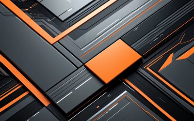 4k, orangefarbener schwarzer hintergrund, materialdesign, orangefarbene linien, 3d texturen, kunstwerk, metallkunst, geometrie, abstrakte hintergründe, geometrische hintergründe, abstraktionen, schwarze abstrakte hintergründe