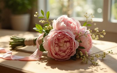 ピンクの牡丹のウェディング ブーケ, ブライダルブーケ, ピンクの牡丹, ピンクのブライダルブーケ, ピンクのウェディングブーケ, 結婚式のコンセプト, 牡丹の花束, 結婚式, 牡丹