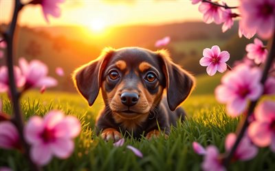 4k, dackelwelpe, sonnenuntergang, frühling, kirschblüte, hunde, süße tiere, welpen, haustiere, dackel, bokeh, frühlingsblumen, dackelhund