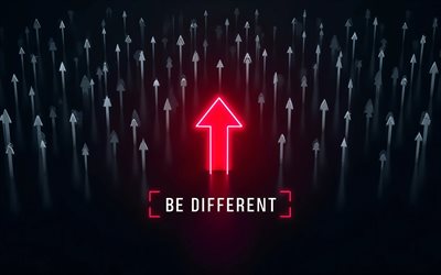 كن مختلفا, 4k, تقليلية, سهم النيون الأحمر, مبدع, تكون مفاهيم مختلفة, الظلام, أنماط السهام, يكون النقش مختلفا, عمل فني, كن فنًا مختلفًا