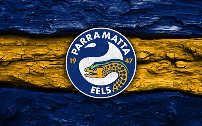 parramatta eels holzlogo, 4k, blau gelber holzhintergrund, nrl, rugby, parramatta eels logo, parramatta eels emblem, australisches rugby team, parramatta aale