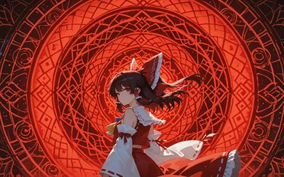 4k, reimu hakurei, anelli ornamentali rossi, touhou, protagonista, sfondo astratto rosso, hakurei reimu, manga giapponese, personaggi dell'anime, progetto touhou, personaggi touhou, reimu hakurei touhou