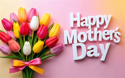 4k, feliz dia de las madres, tulipanes coloridos, fondo rosa, conceptos de feliz día de la madre, minimalismo, letras blancas 3d, inscripción del día de la madre feliz