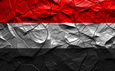 4k, bandiera dell'yemen, struttura della pietra, bandiera dello yemen, asia, bandiera dello yemen 3d, sfondo con crepe, yemen