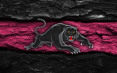 holzlogo der penrith panthers, 4k, schwarz rosa holzhintergrund, nrl, rugby, penrith panthers logo, penrith panthers emblem, australisches rugby team, penrith panthers
