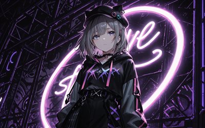 neneko mashiro, 4k, dämmerung, lila neonlichter, virtueller youtuber, kunstwerk, vtuber, mädchen mit blauen augen, neneko mashiro stellive, manga, stelllive kanal, stelllive virtual youtuber