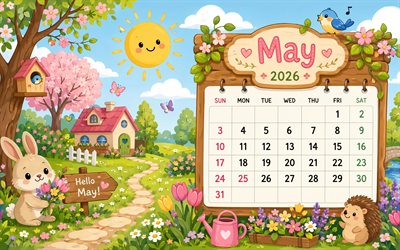 4k, 2026 maj kalender, seriefigurer, hej maj, tecknad natur, kanin, maj 2026, vårens kalendrar, corgi, maj 2026 kalender, fjädra, maj kalendrar, 2026 kalendrar, maj