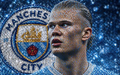 erling haaland, manchester city fc, porträt, kreative kunst, erling haa und manchester city, fußball, norwegischer fußballspieler, lichtkunst, logo des manchester city fc, neonkunst